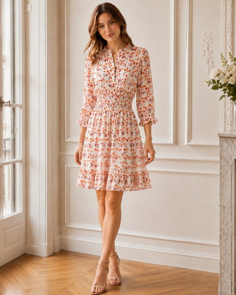 Maje Rythona Dress Small FR 36 Terracotta Orange Floral Mini Elastic Waist